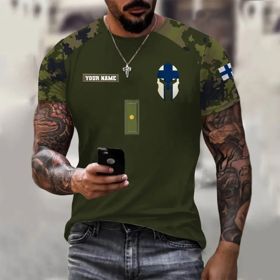 Personalisiertes T-Shirt mit finnischem Soldaten-/Veteranen-Tarnmuster und Namen und Rang, 3D-Druck – 1010230001