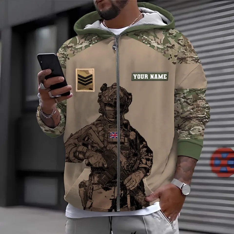 Sweat à capuche personnalisé avec camouflage soldat/vétéran britannique avec nom et grade imprimé en 3D -0512230001