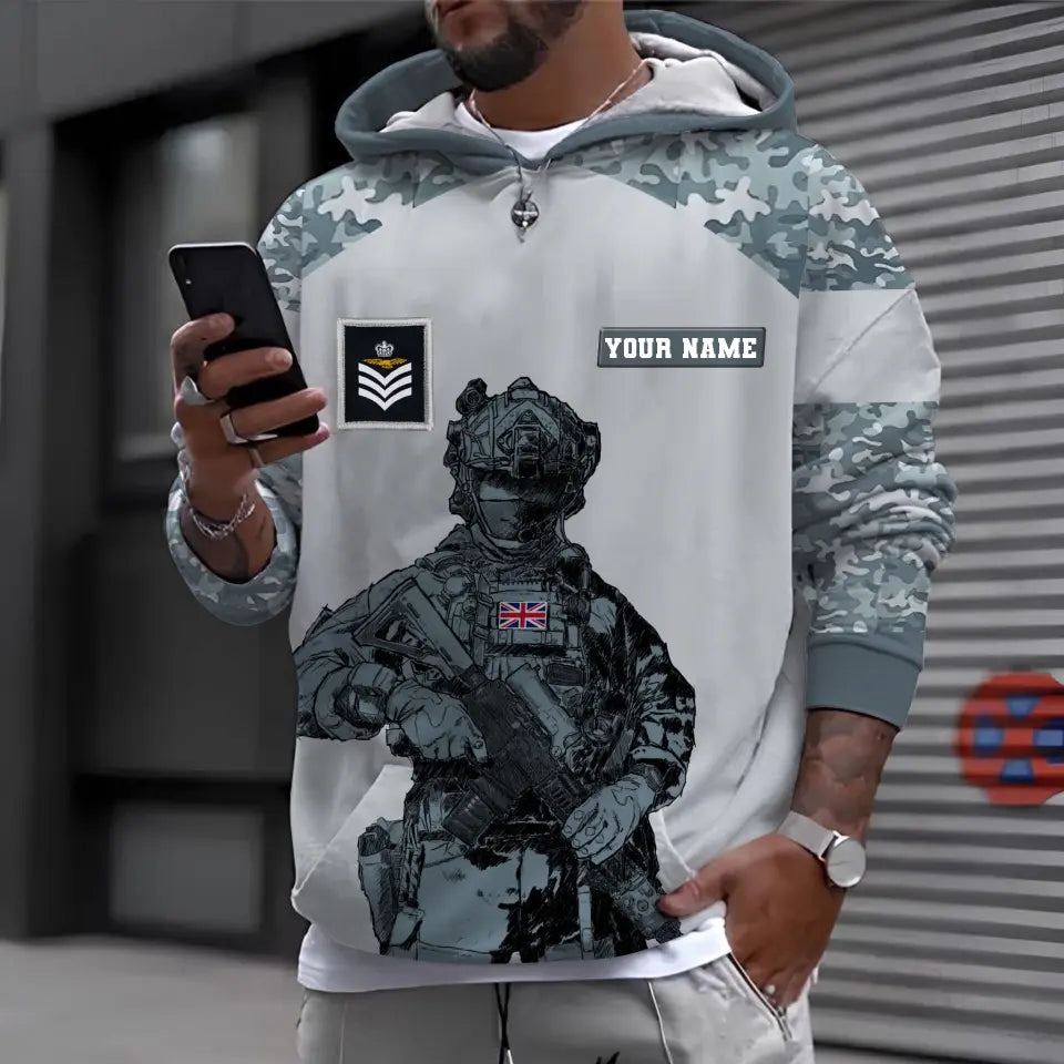 Sweat à capuche personnalisé avec camouflage soldat/vétéran britannique avec nom et grade imprimé en 3D -0512230001