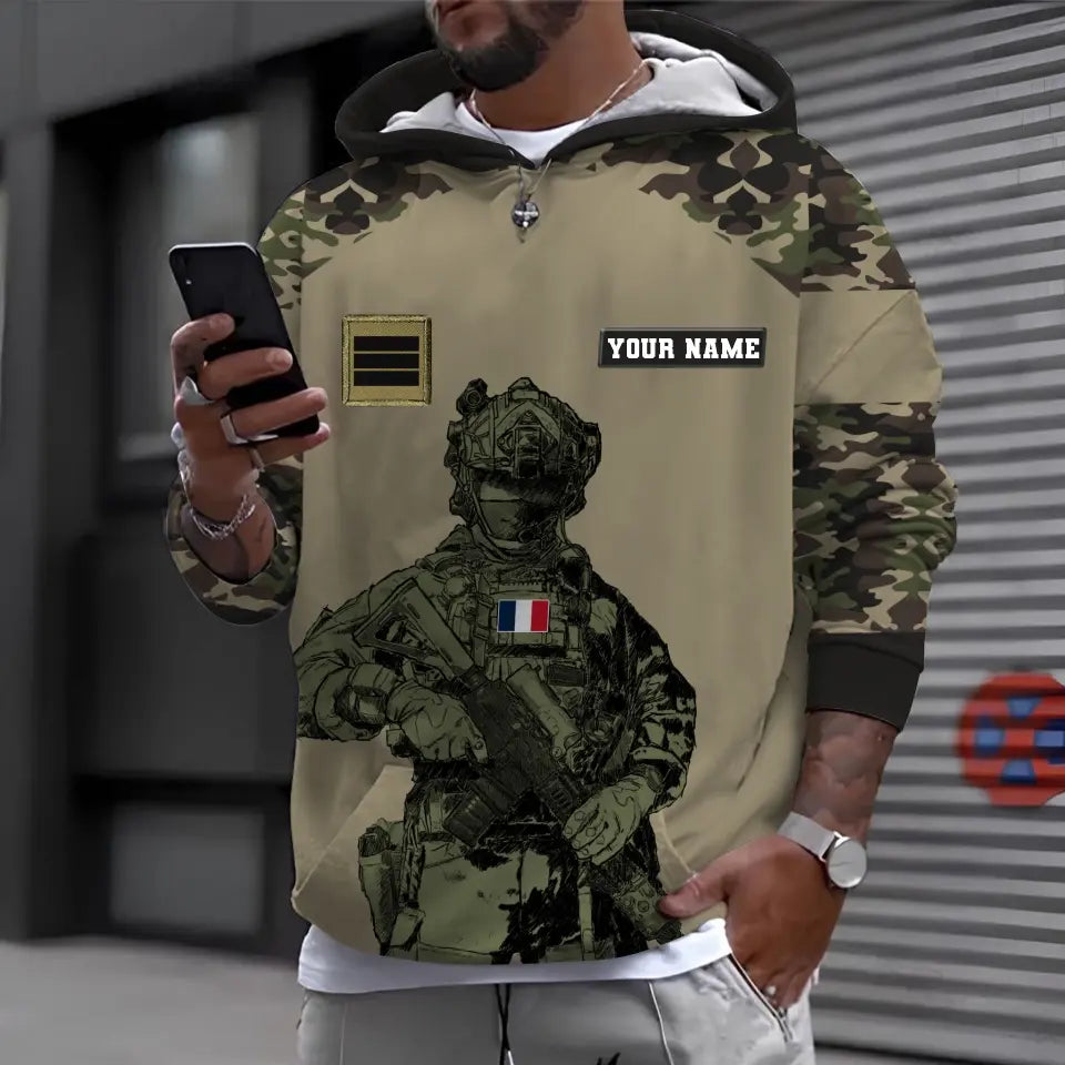 Personalized France Soldier/ Veteran Camo With Name And Rank Hoodie 3D Printed - 17017344