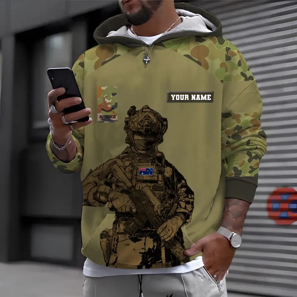 Personalisierter Kapuzenpullover mit Camouflage-Muster für australische Soldaten/Veteranen mit Namen und Rang, 3D-Druck – 17017344