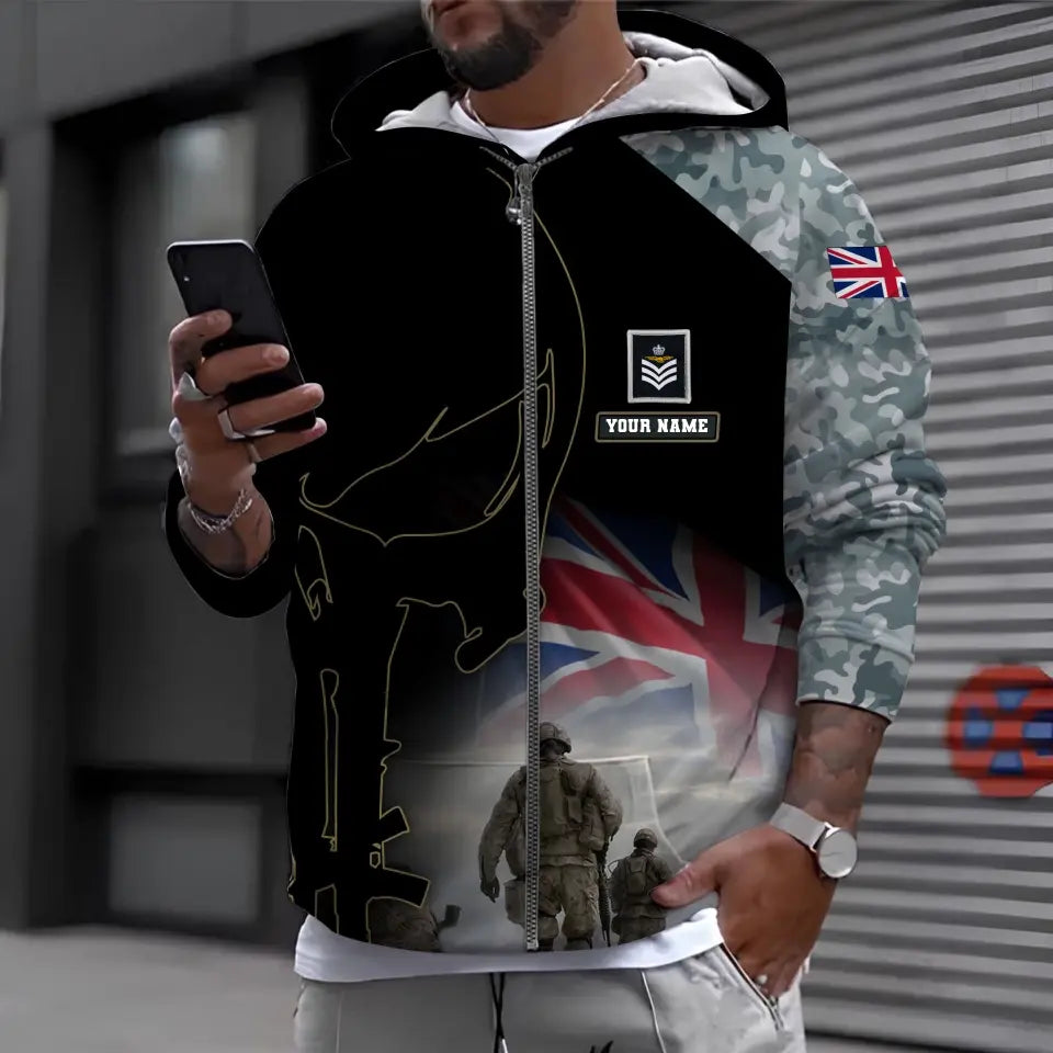 Sweat à capuche personnalisé avec camouflage soldat/vétéran britannique avec nom et grade imprimé en 3D - 0512230001