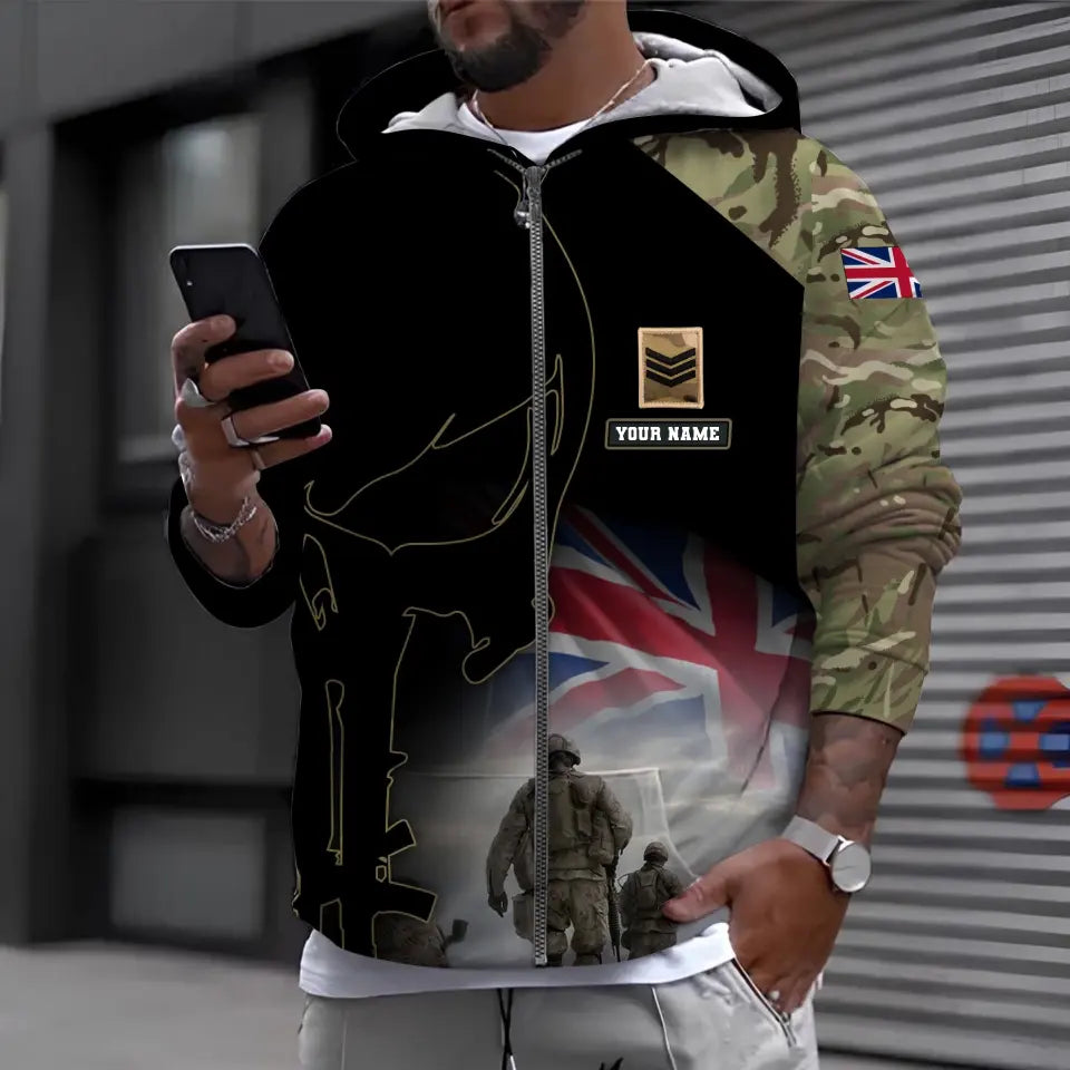 Sweat à capuche personnalisé avec camouflage soldat/vétéran britannique avec nom et grade imprimé en 3D - 0512230001