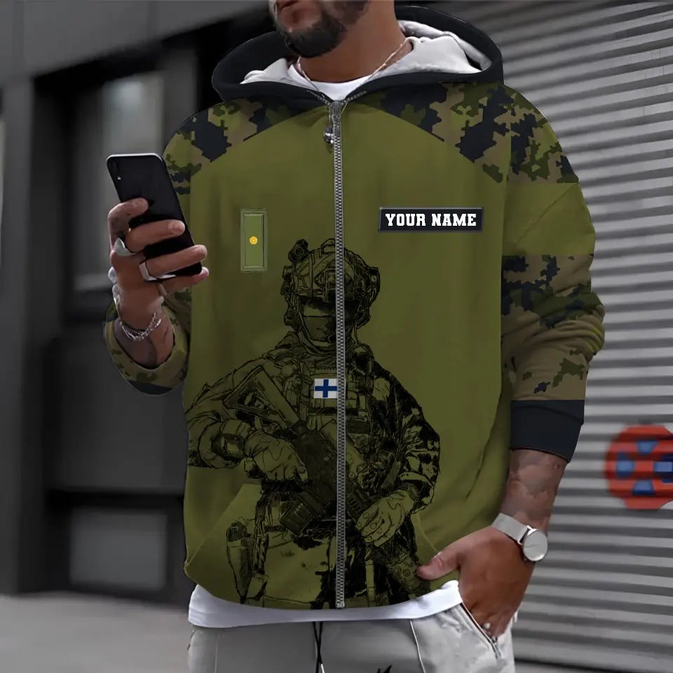 Sweat à capuche personnalisé avec camouflage soldat/vétéran finlandais avec nom et grade imprimé en 3D -1212230001