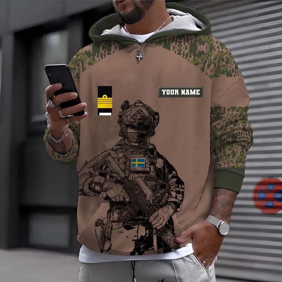 Sweat à capuche personnalisé avec camouflage soldat/vétéran suédois avec nom et grade imprimé en 3D - 17023392