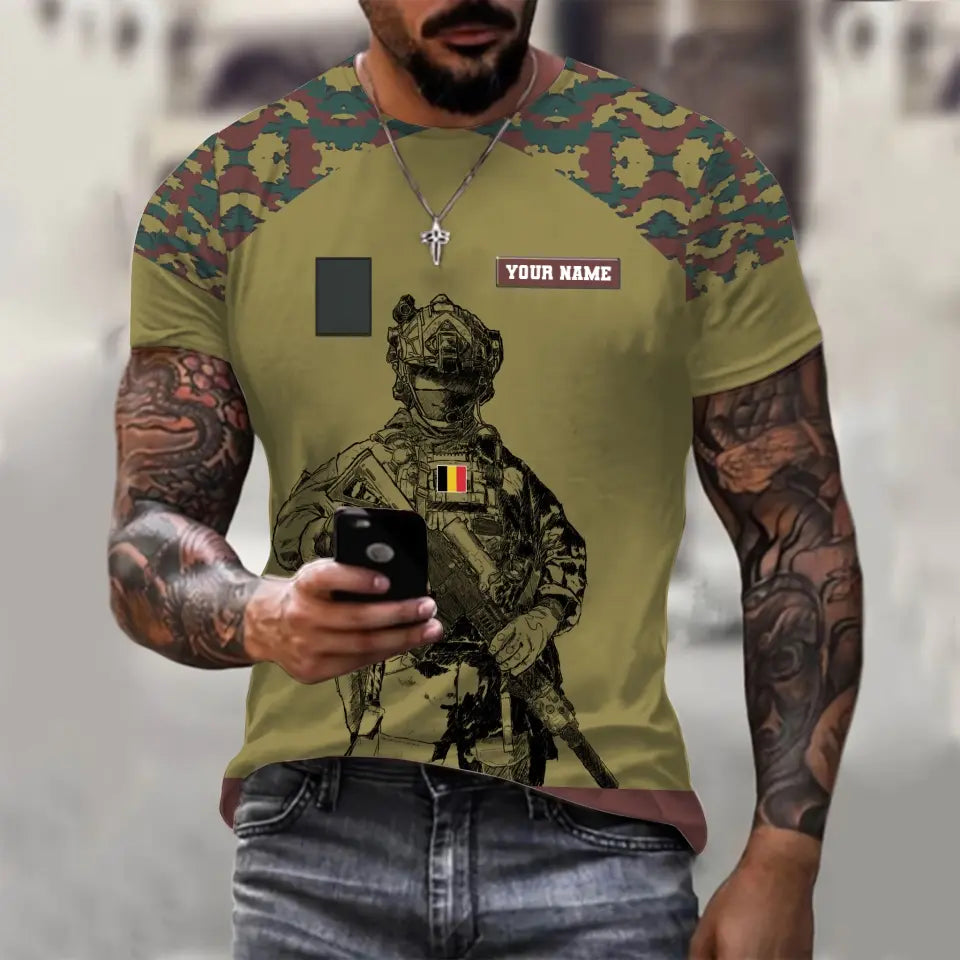 Personalisierter Kapuzenpullover mit 3D-Druck für belgische Soldaten/Veteranen im Camouflage-Muster mit Namen und Rang – 17023392