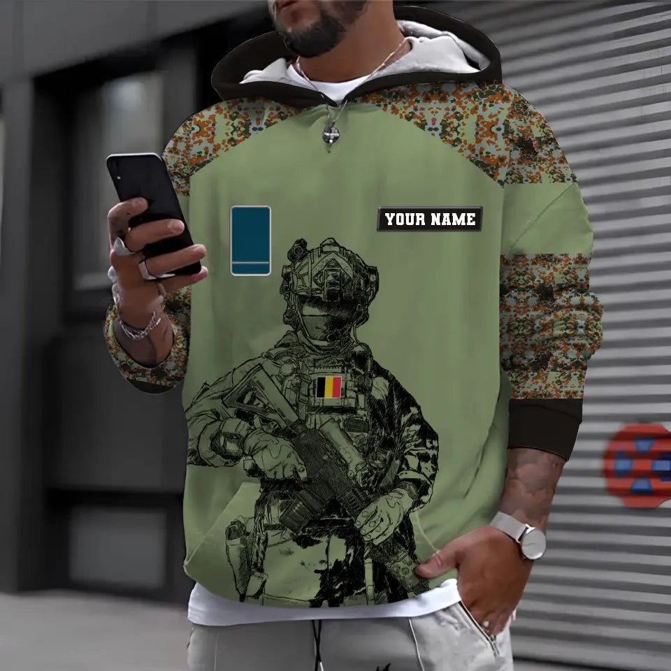 Sweat à capuche personnalisé avec camouflage soldat/vétéran belge avec nom et grade imprimé en 3D - 17023392