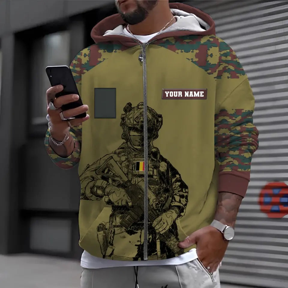 Sweat à capuche personnalisé avec camouflage soldat/vétéran belge avec nom et grade imprimé en 3D - 17023392