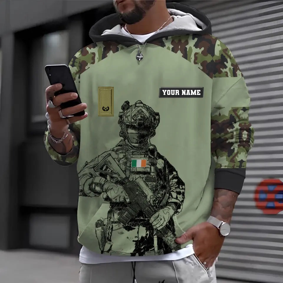 Sweat à capuche personnalisé avec camouflage soldat/vétéran irlandais avec nom et grade imprimé en 3D - 17023392