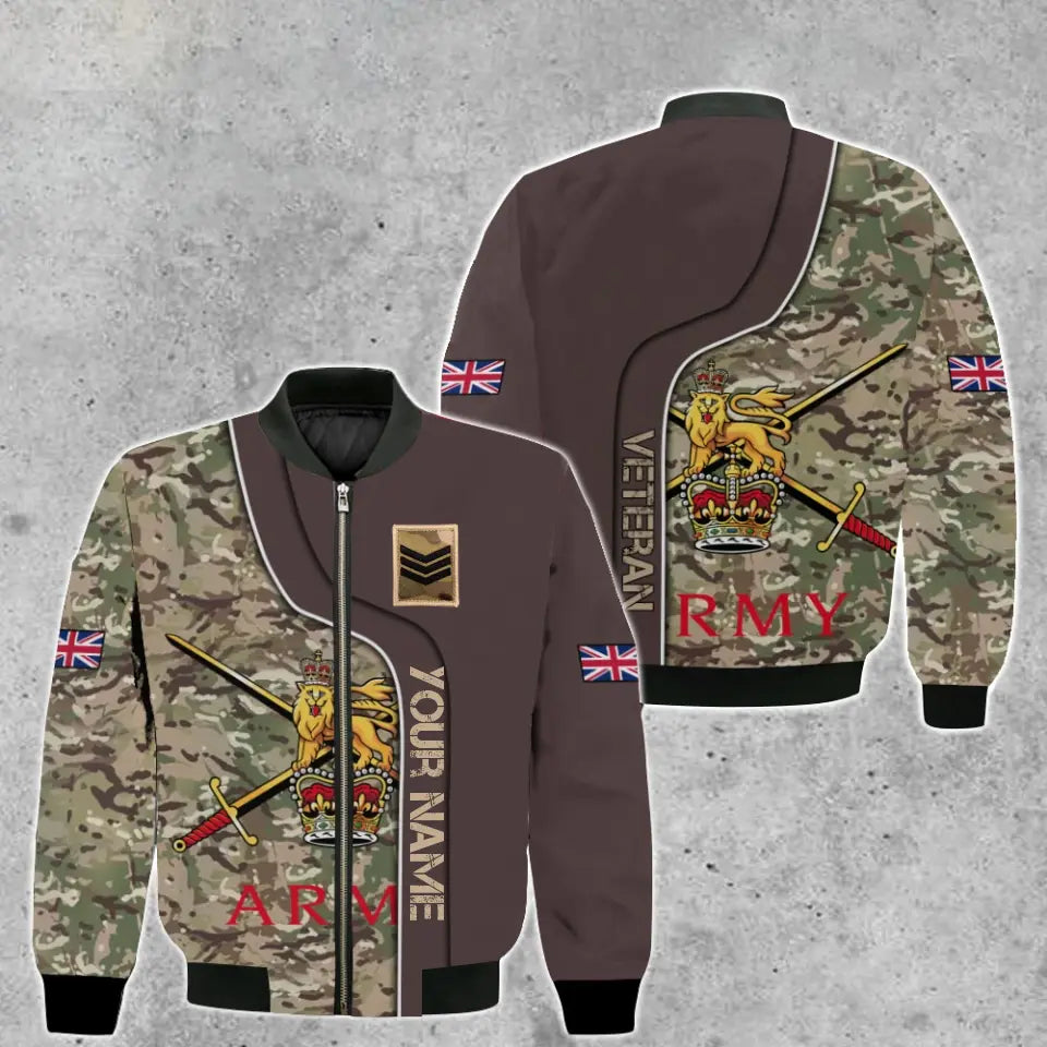 Personalisierte Bomberjacke mit Camouflage-Muster für britische Soldaten/Veteranen mit Namen und Rang, 3D-Druck – 2010230004