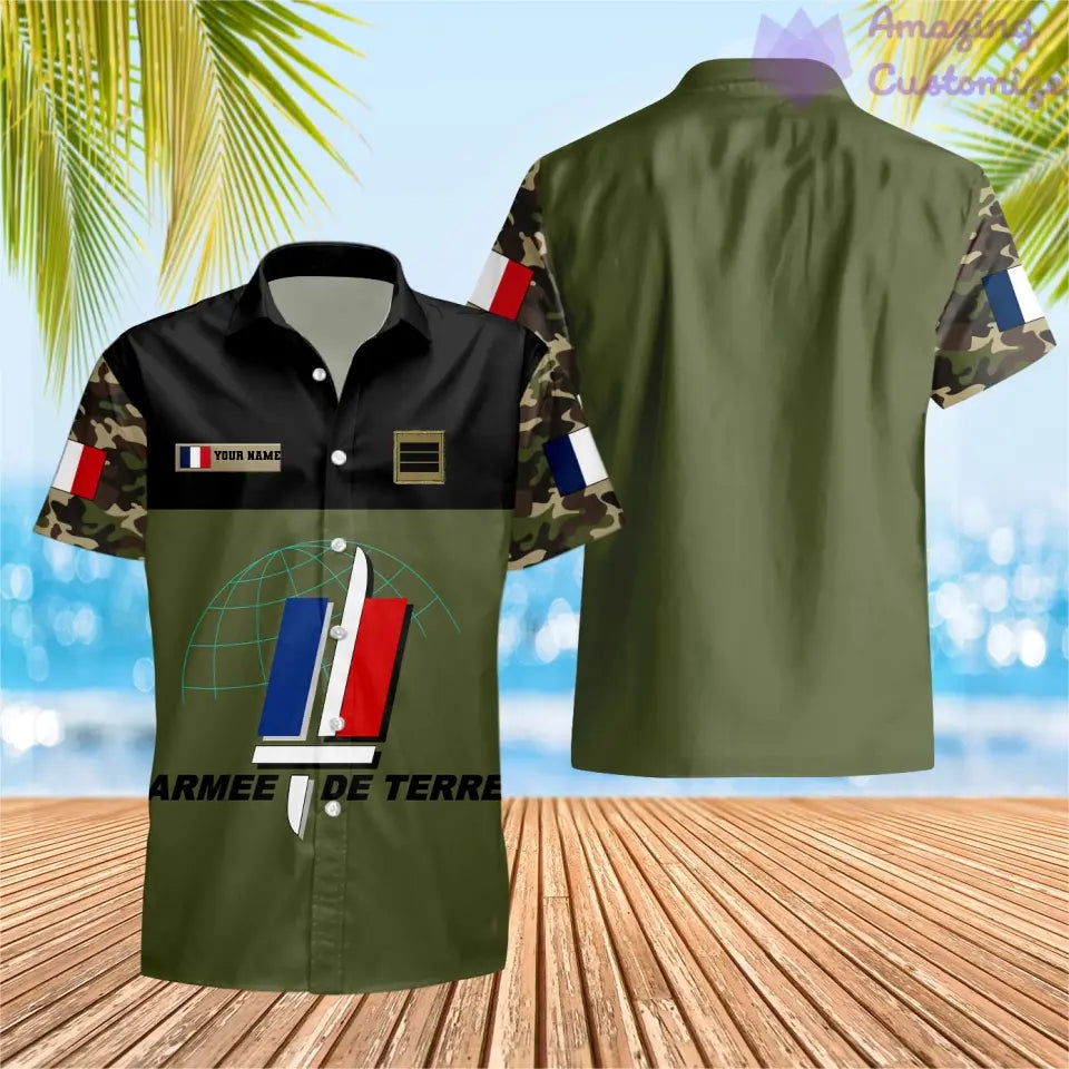 T-shirt Hawaïen personnalisé avec camouflage soldat/vétéran de la France avec nom et grade imprimé -1812230001