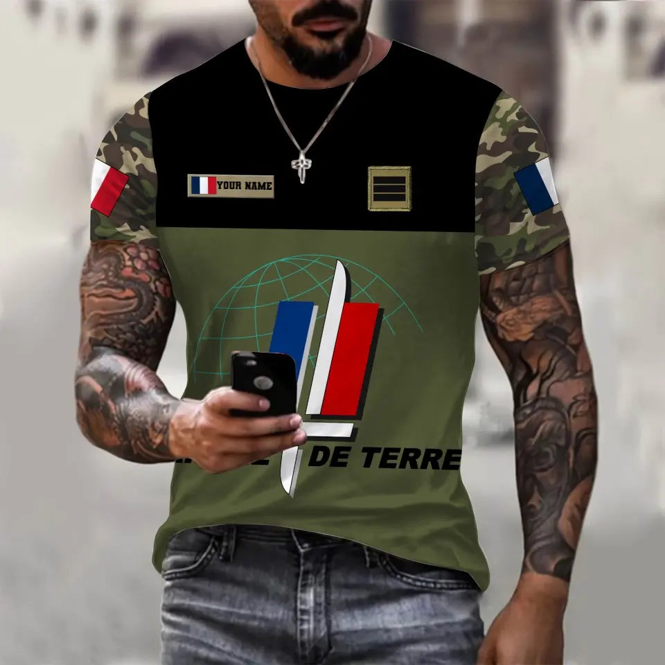 T-shirt Hawaïen personnalisé avec camouflage soldat/vétéran de la France avec nom et grade imprimé -1812230001