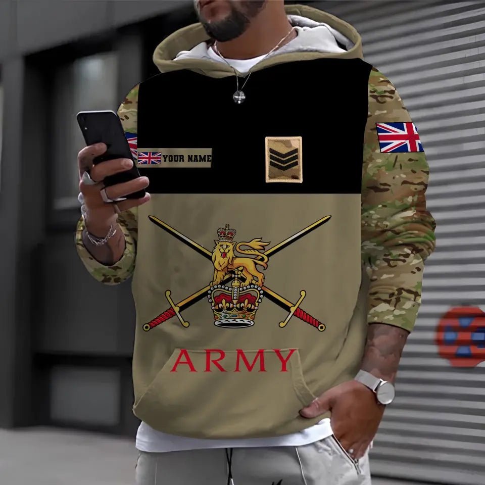 T-shirt Hawaïen personnalisé avec camouflage soldat/vétéran britannique imprimé avec nom et grade -1812230001