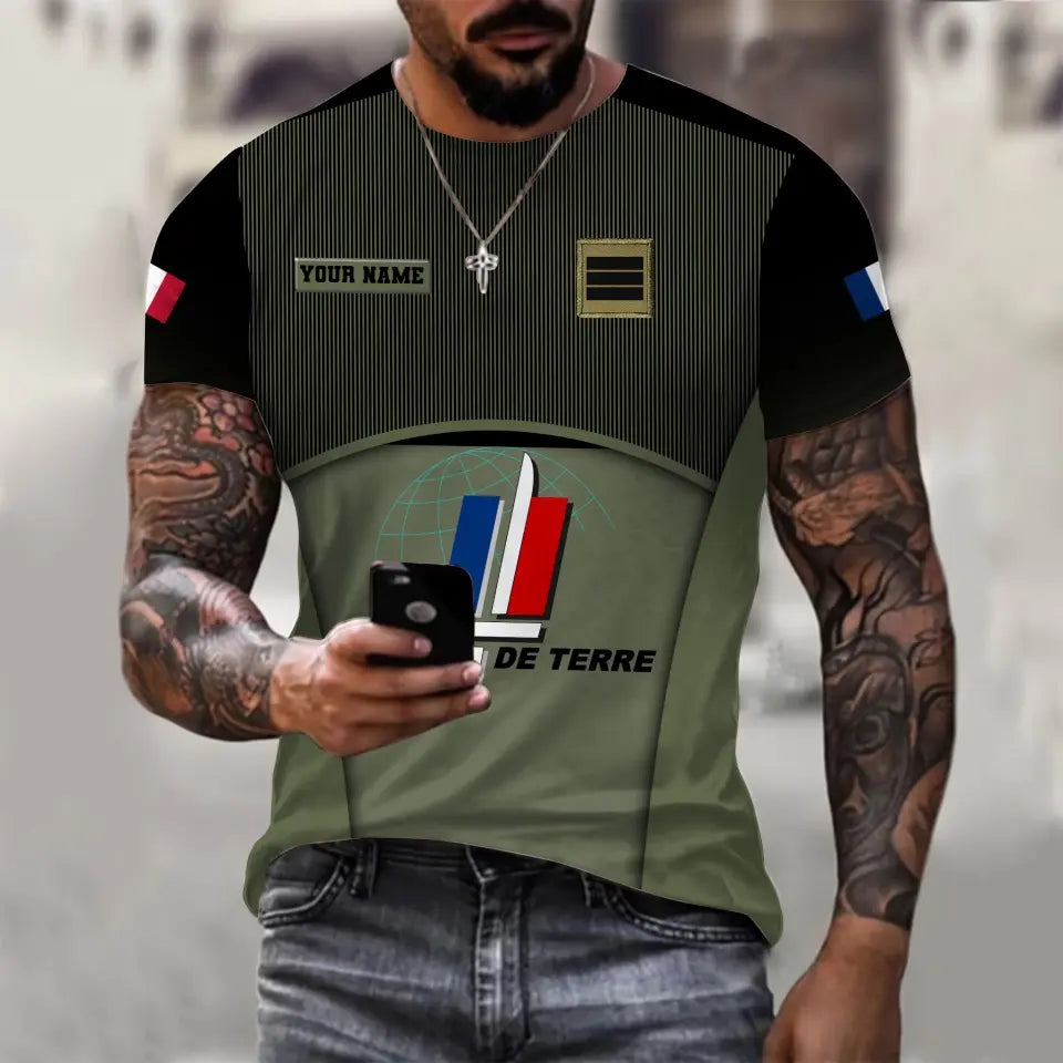 T-shirt Hawaïen personnalisé avec camouflage soldat/vétéran de la France avec nom et grade imprimé -1912230001