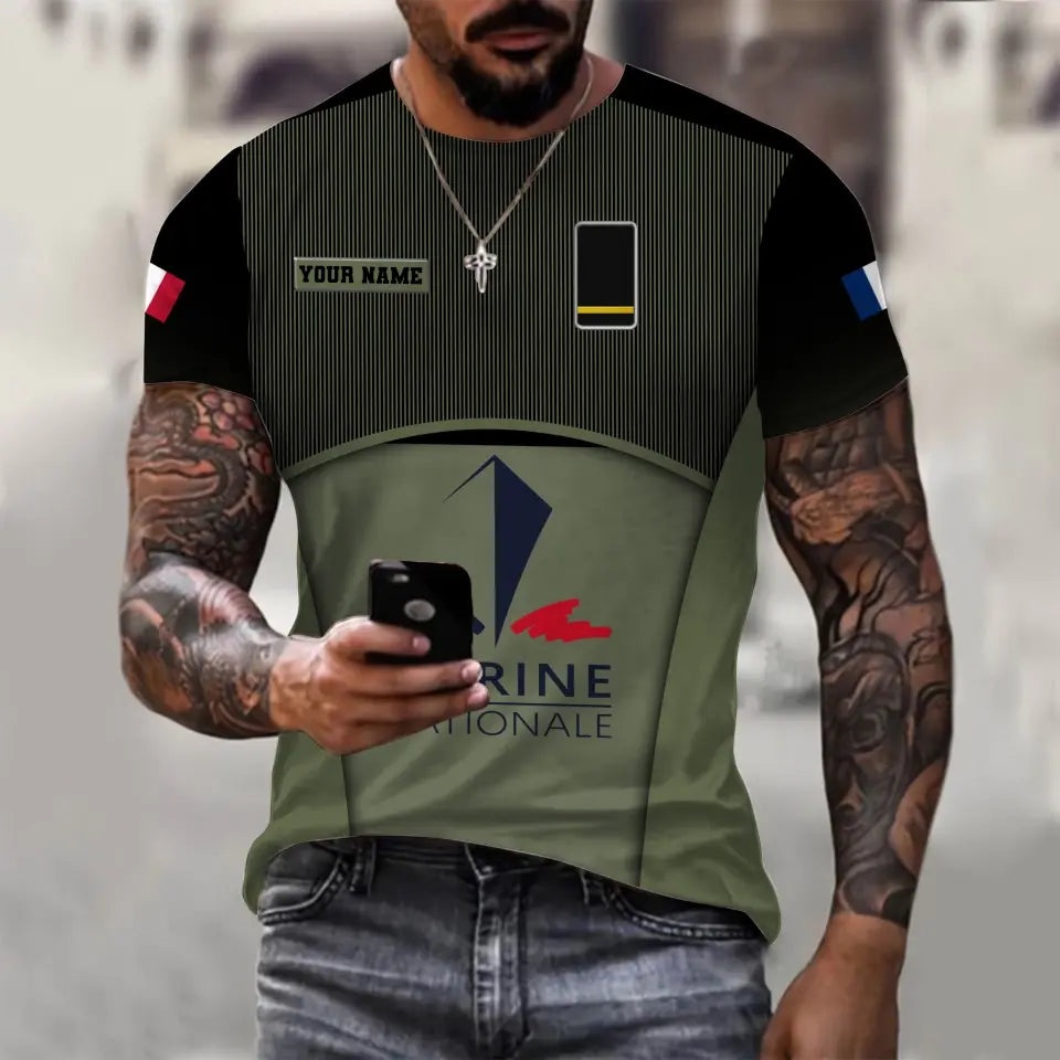 T-shirt Hawaïen personnalisé avec camouflage soldat/vétéran de la France avec nom et grade imprimé -1912230001