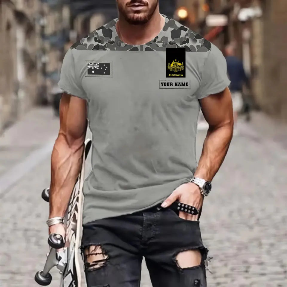 T-shirt personnalisé avec camouflage soldat/vétéran australien avec nom et grade imprimé en 3D - 0811230012