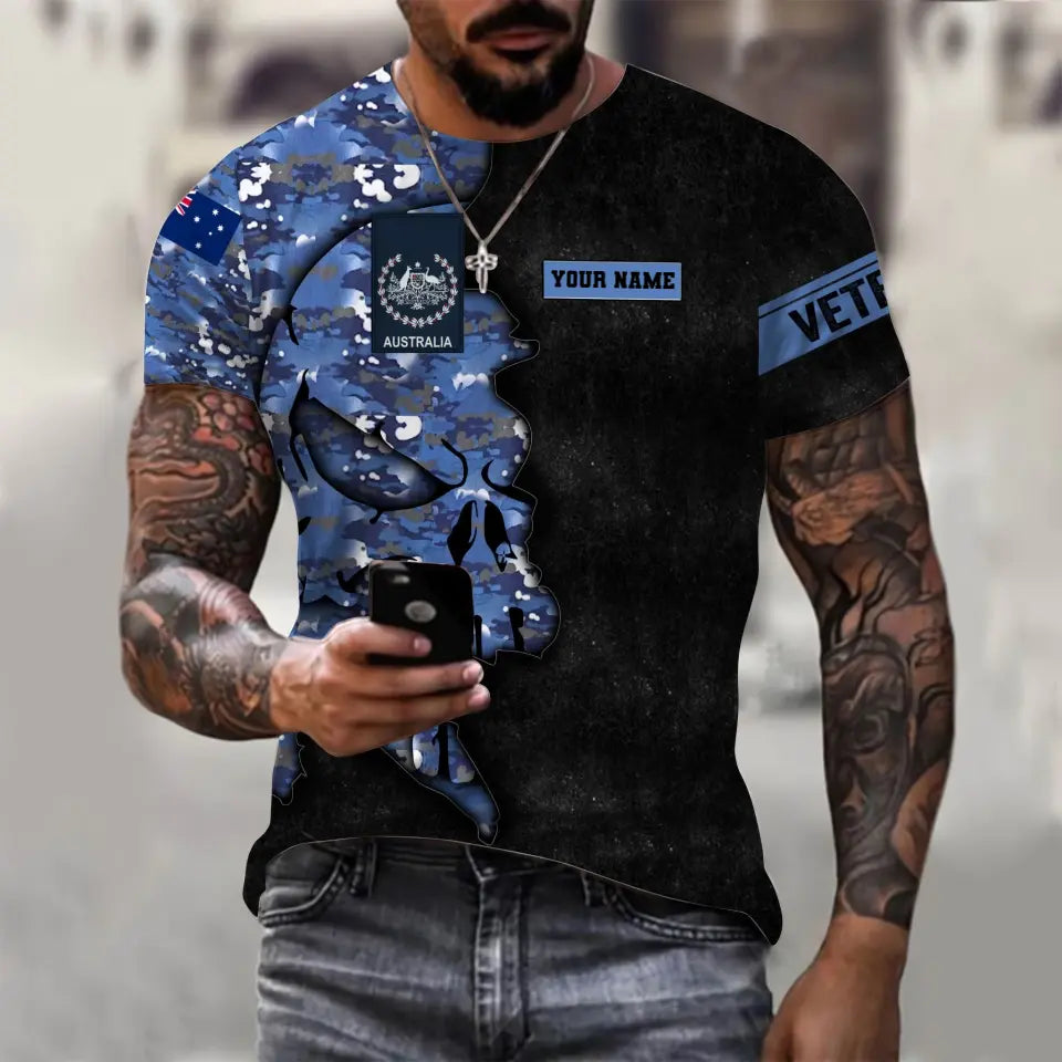 T-shirt personnalisé avec camouflage soldat/vétéran australien avec nom et grade imprimé en 3D - 0811230018