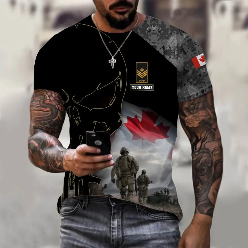 T-shirt personnalisé avec camouflage soldat/vétéran du Canada avec nom et grade imprimé en 3D - 1910230001