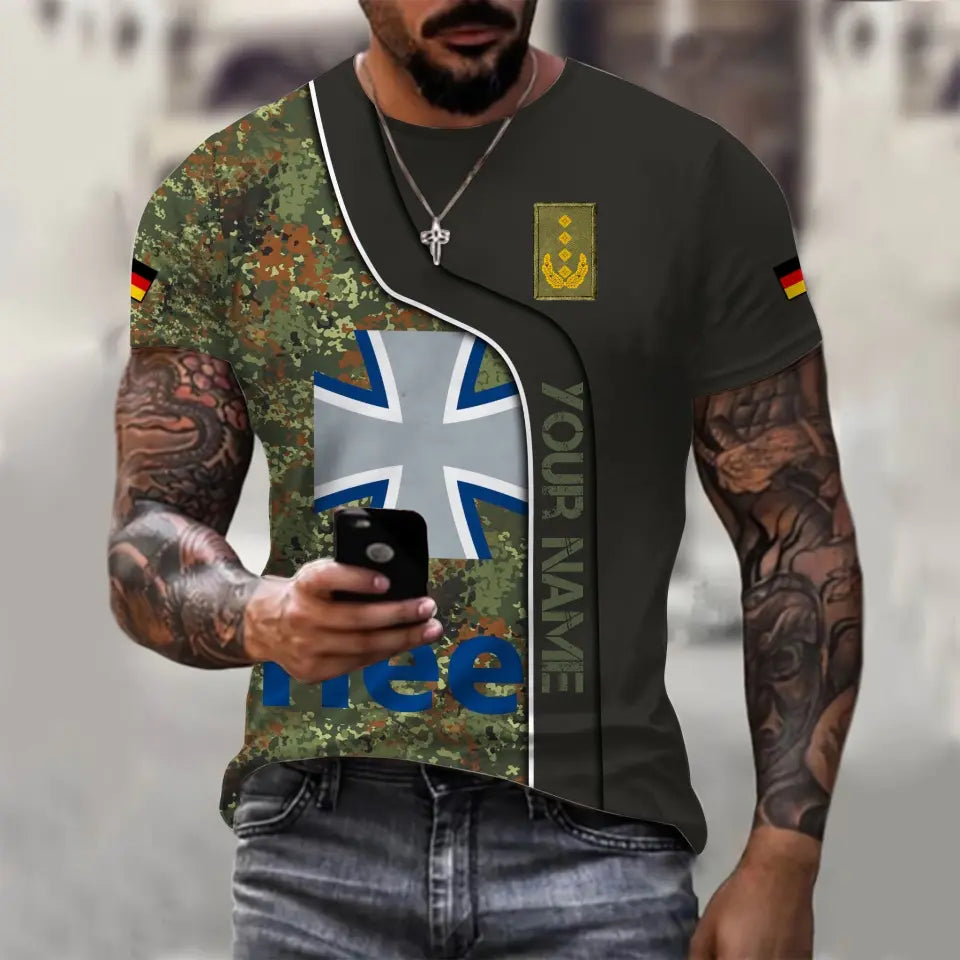 T-shirt personnalisé avec camouflage soldat/vétéran allemand avec nom et grade imprimé en 3D - 0711230004