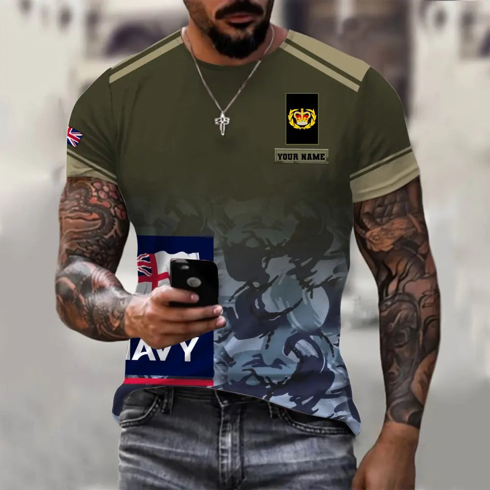 T-shirt personnalisé avec camouflage soldat/vétéran britannique avec nom et grade imprimé en 3D - 1011230003