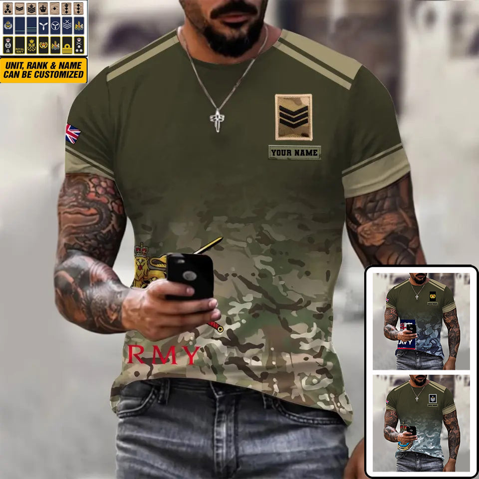 T-shirt personnalisé avec camouflage soldat/vétéran britannique avec nom et grade imprimé en 3D - 1011230003