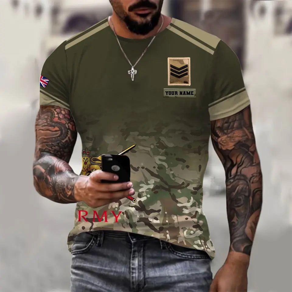 T-shirt personnalisé avec camouflage soldat/vétéran britannique avec nom et grade imprimé en 3D - 1011230003