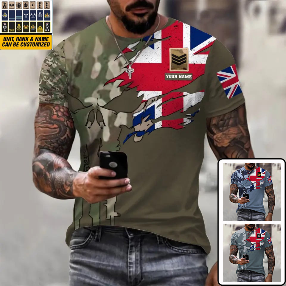 Personalisiertes T-Shirt mit Camouflage-Muster für britische Soldaten/Veteranen mit Namen und Rang, 3D-Druck – 1011230001