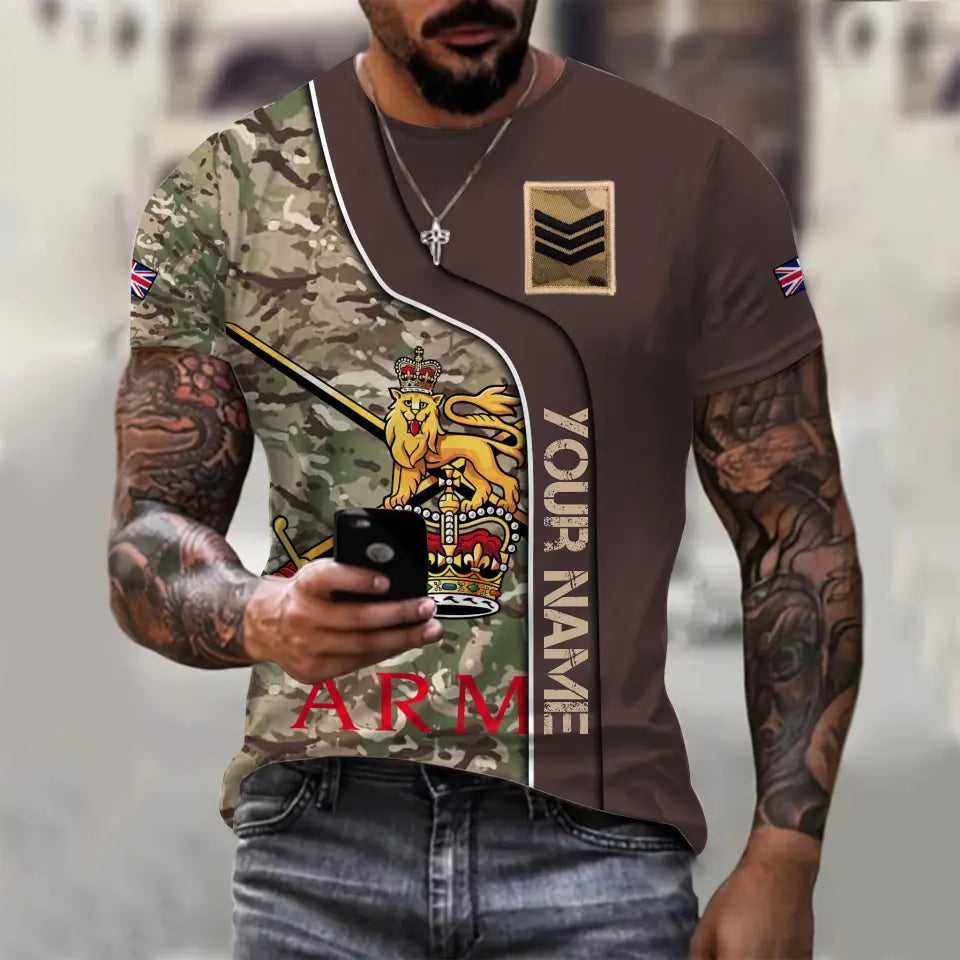 Personalisiertes T-Shirt mit Camouflage-Muster für britische Soldaten/Veteranen mit Namen und Rang, 3D-Druck – 1011230004