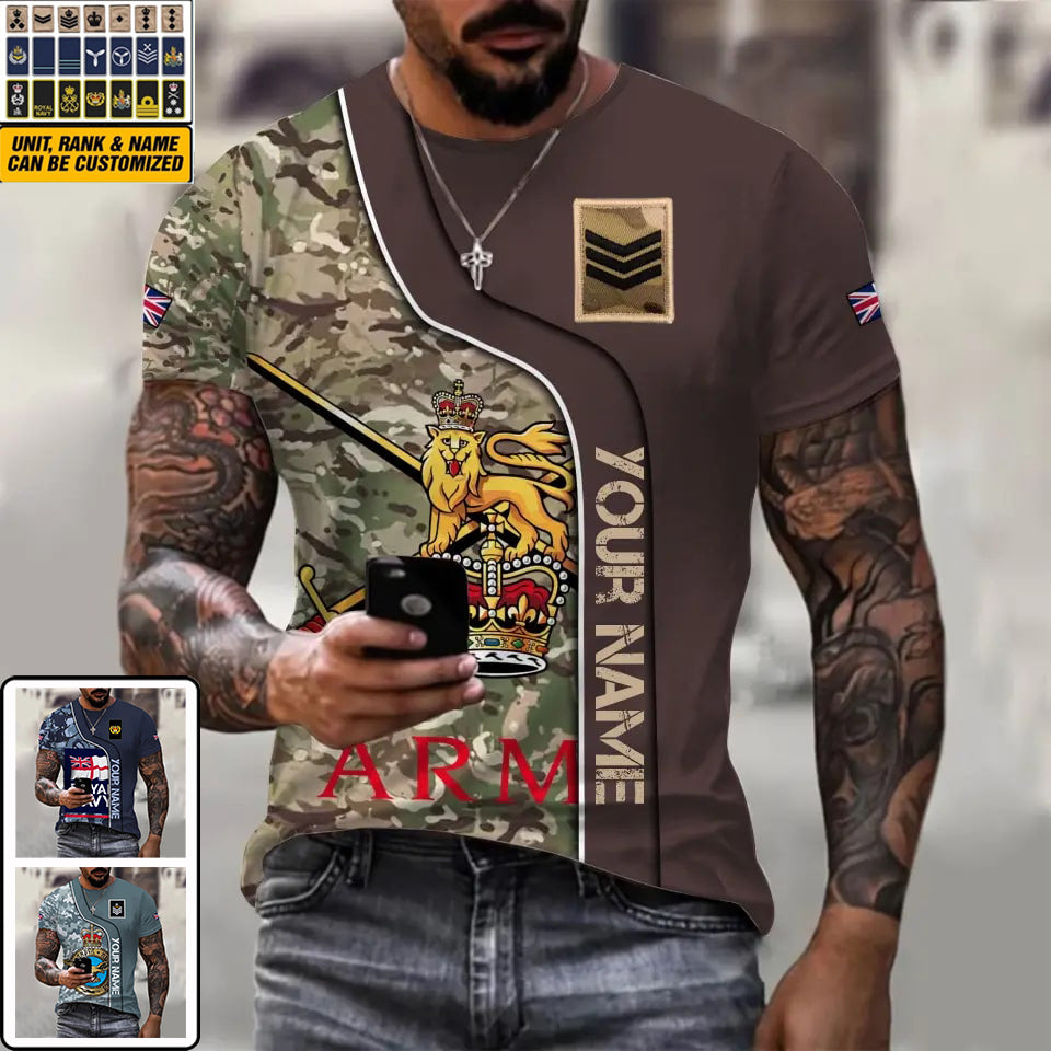 Personalisiertes T-Shirt mit Camouflage-Muster für britische Soldaten/Veteranen mit Namen und Rang, 3D-Druck – 1011230004