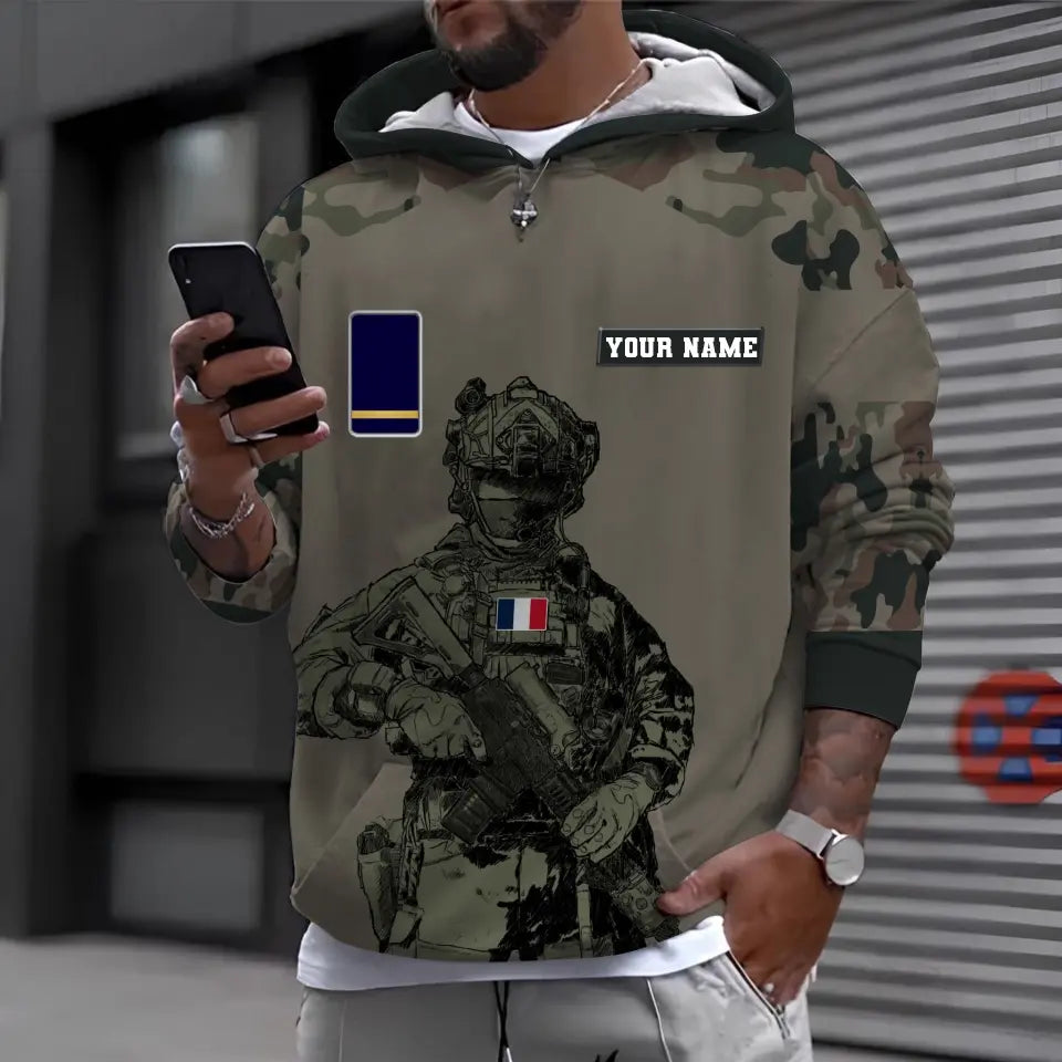 T-shirt personnalisé avec camouflage soldat/vétéran de la France avec nom et grade imprimé en 3D -0512230001