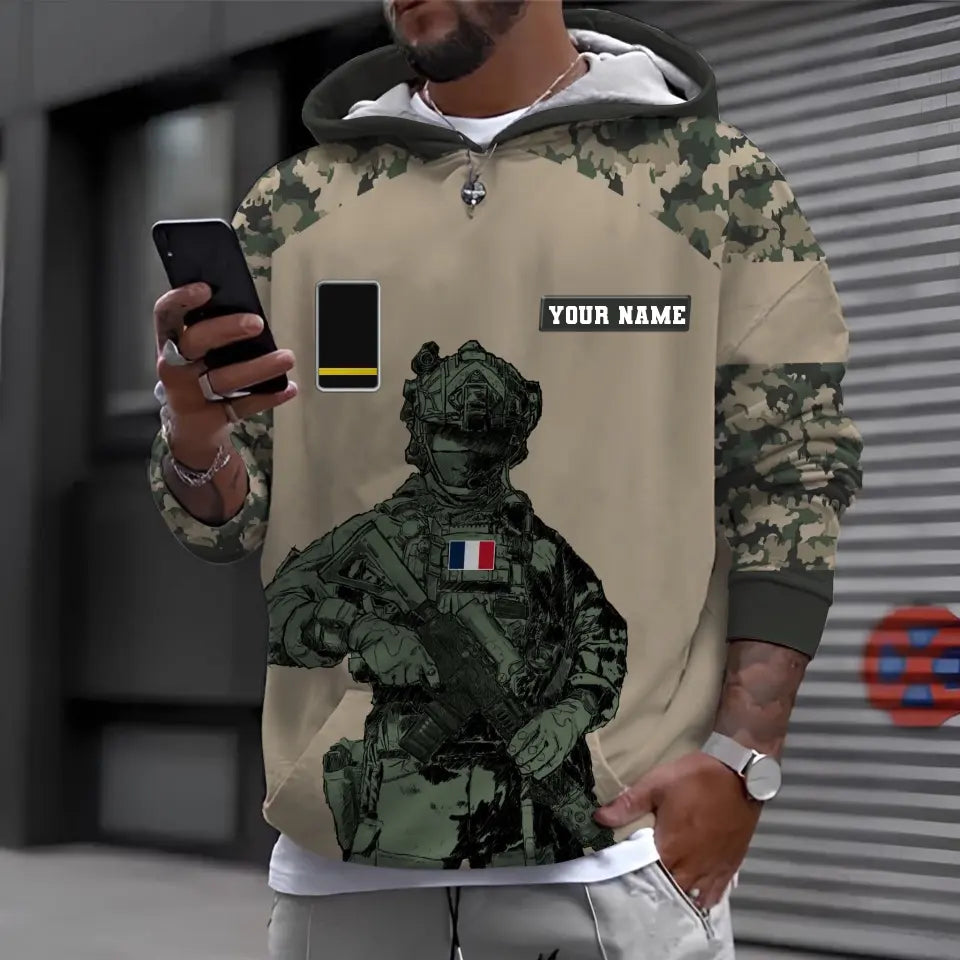 T-shirt personnalisé avec camouflage soldat/vétéran de la France avec nom et grade imprimé en 3D -0512230001