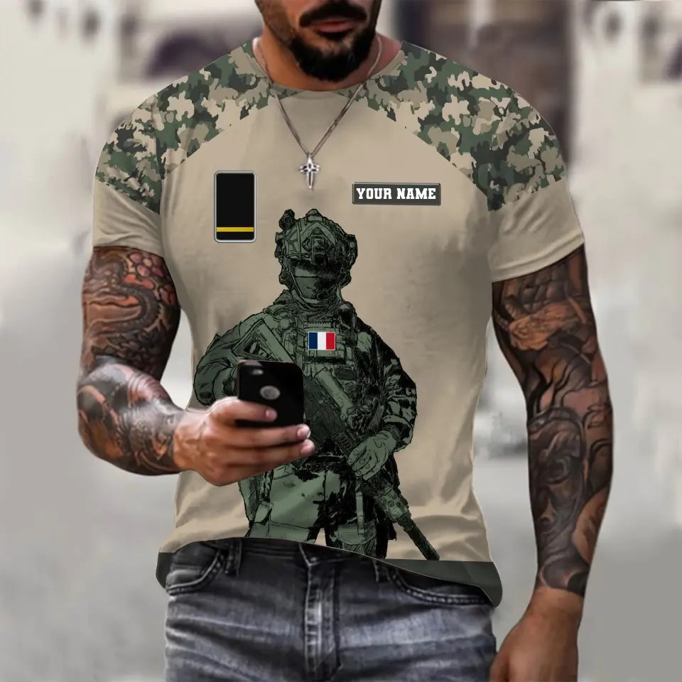 T-shirt personnalisé avec camouflage soldat/vétéran de la France avec nom et grade imprimé en 3D -0512230001