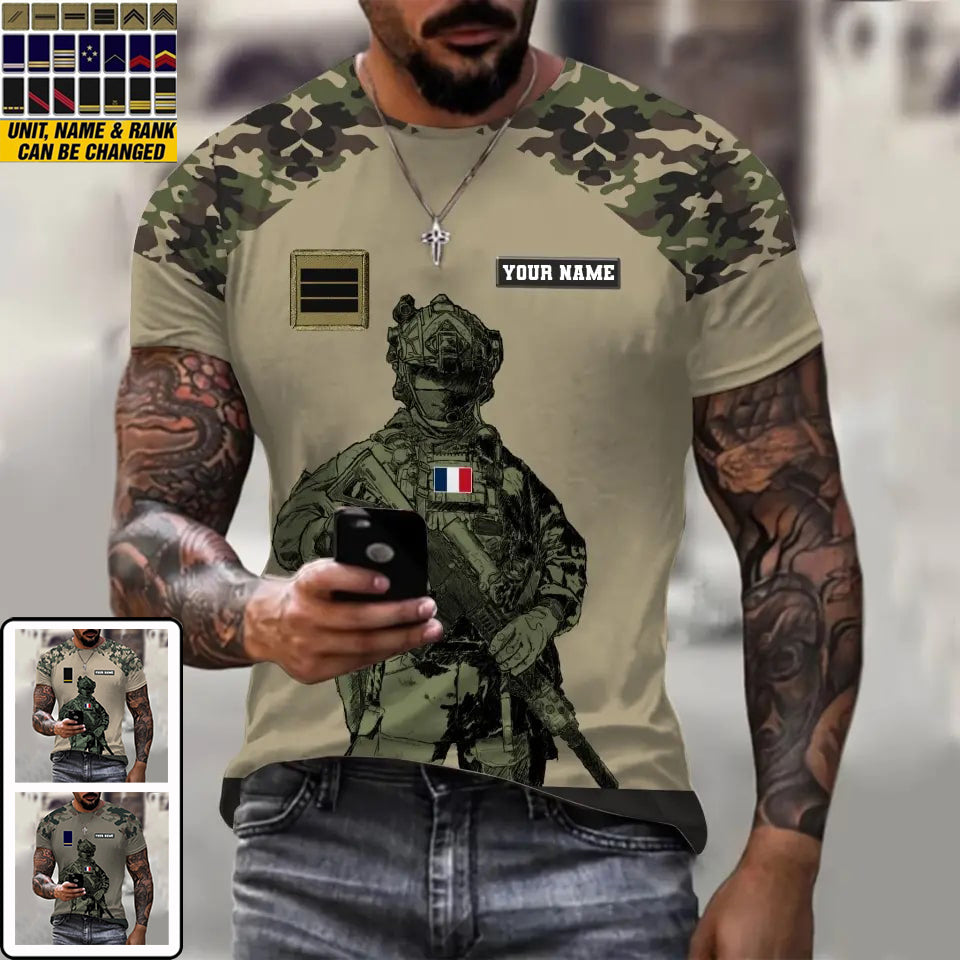 T-shirt personnalisé avec camouflage soldat/vétéran de la France avec nom et grade imprimé en 3D -0512230001