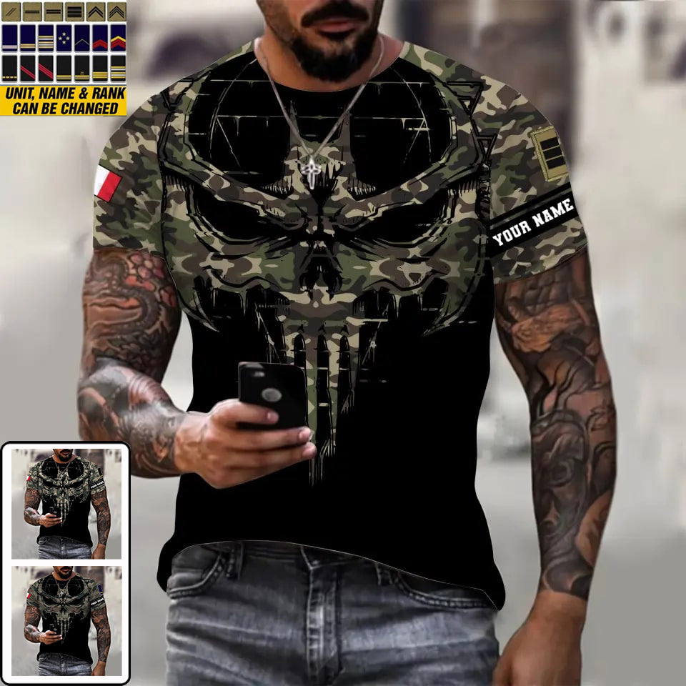 T-shirt personnalisé avec camouflage soldat/vétéran de la France avec nom et grade imprimé en 3D - 2010230001