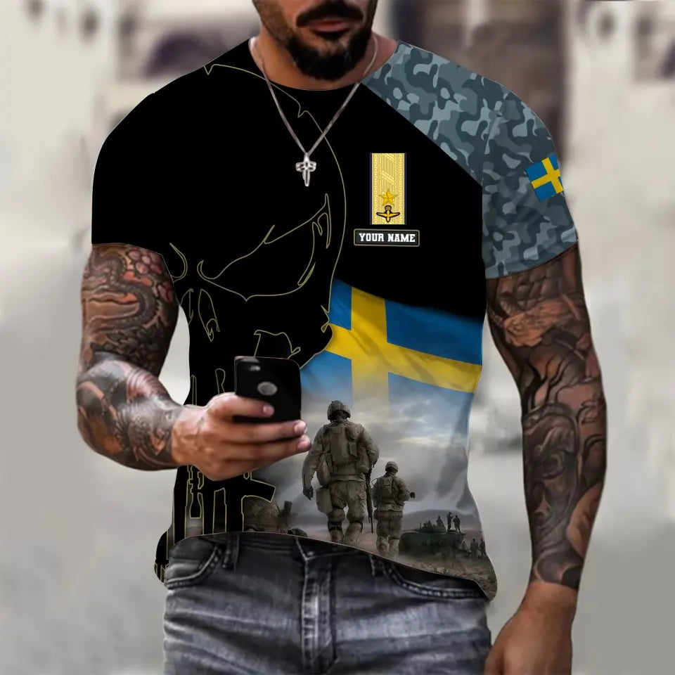 Personalisiertes T-Shirt mit schwedischem Soldaten-/Veteranen-Tarnmuster mit Namen und Rang, 3D-Druck – 1910230001