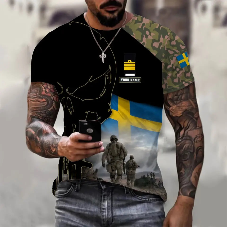 Personalisiertes T-Shirt mit schwedischem Soldaten-/Veteranen-Tarnmuster mit Namen und Rang, 3D-Druck – 1910230001