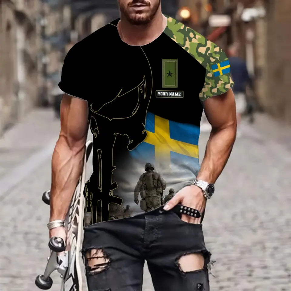 Personalized Sweden Soldier/ Veteran Camo With Name And Rank  T-shirt 3D Printed  - 1910230001