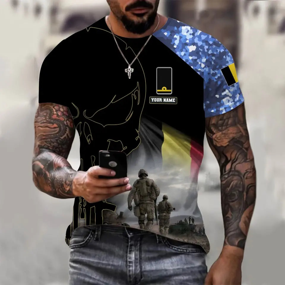 Personalisiertes T-Shirt mit belgischem Soldaten-/Veteranen-Tarnmuster mit Namen und Rang, 3D-Druck – 1910230001