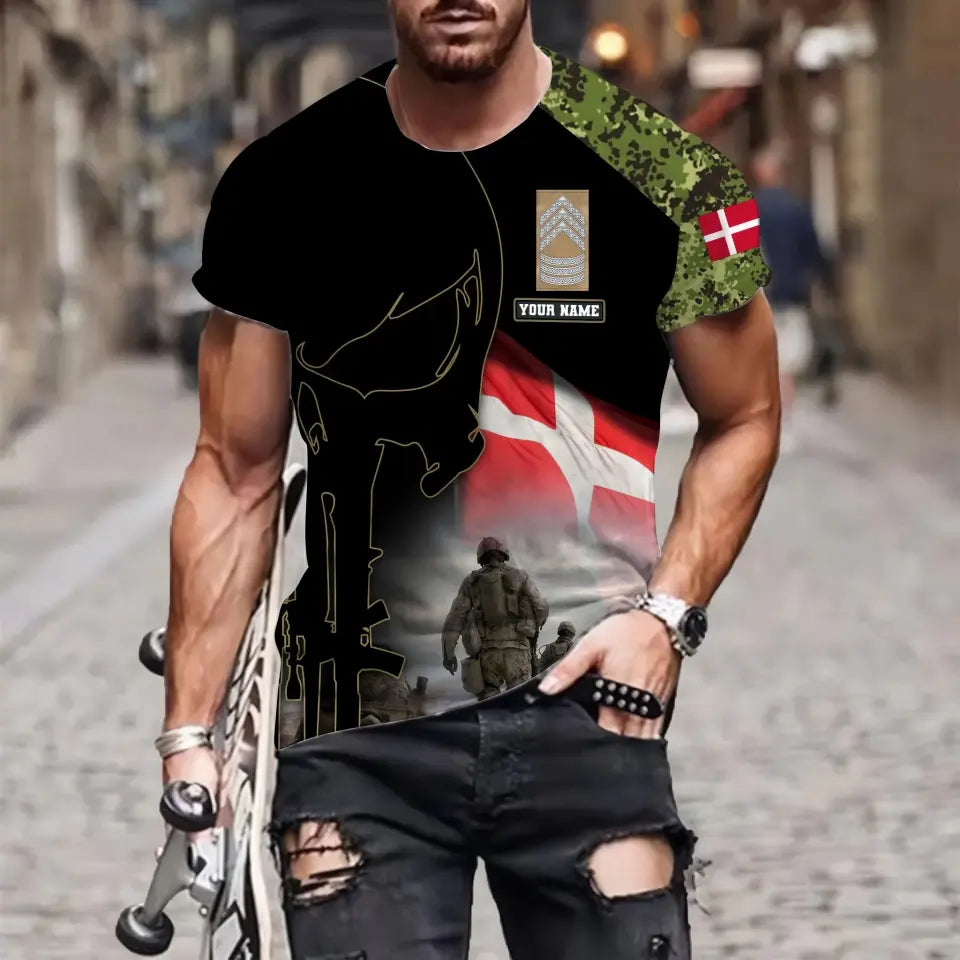 Personalized Denmark Soldier/ Veteran Camo With Name And Rank  T-shirt 3D Printed  - 1910230001