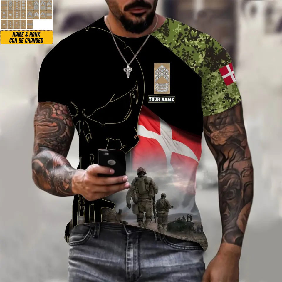 T-shirt personnalisé avec camouflage soldat/vétéran du Danemark avec nom et grade imprimé en 3D - 1910230001