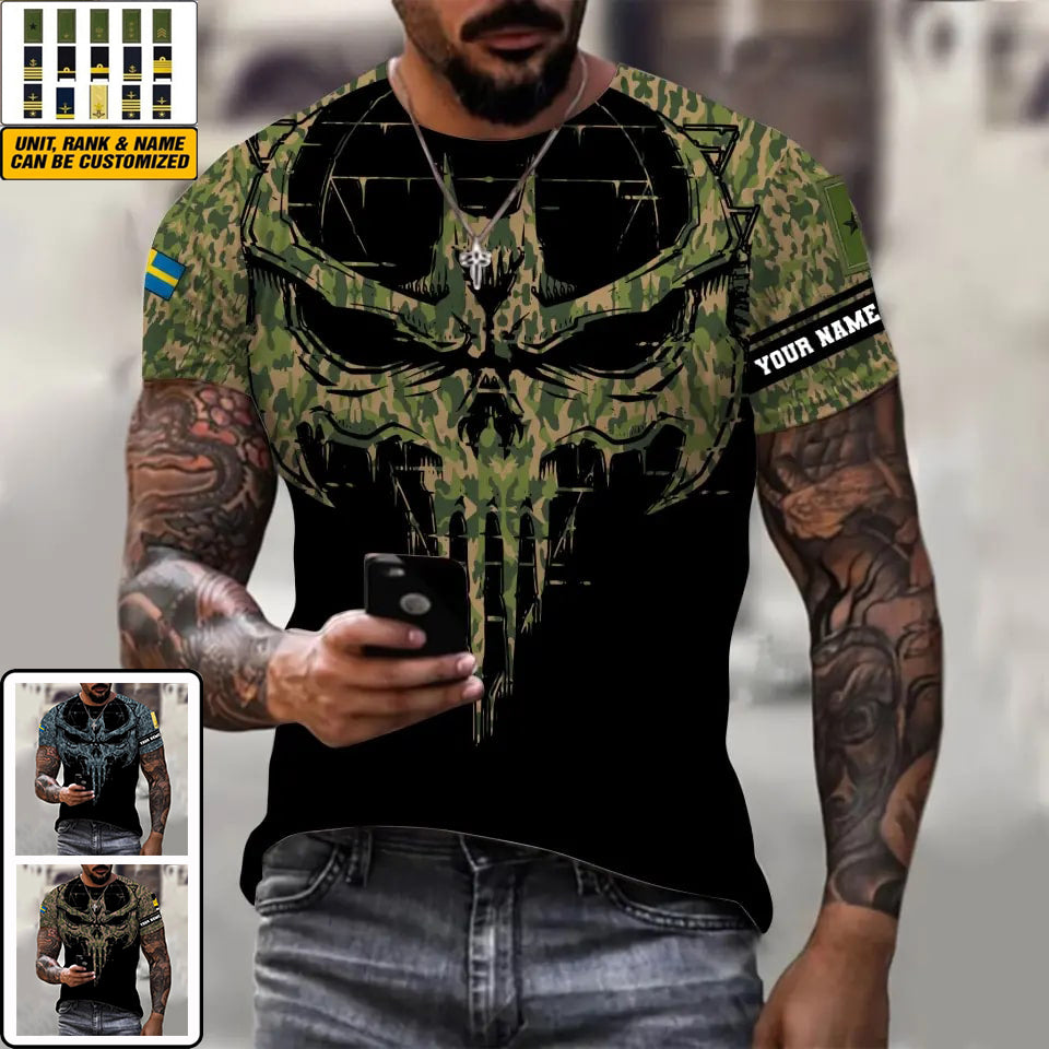 Personalisiertes T-Shirt mit schwedischem Soldaten-/Veteranen-Tarnmuster mit Namen und Rang, 3D-Druck – 2010230001