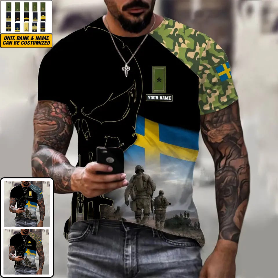 Personalized Sweden Soldier/ Veteran Camo With Name And Rank  T-shirt 3D Printed  - 1910230001