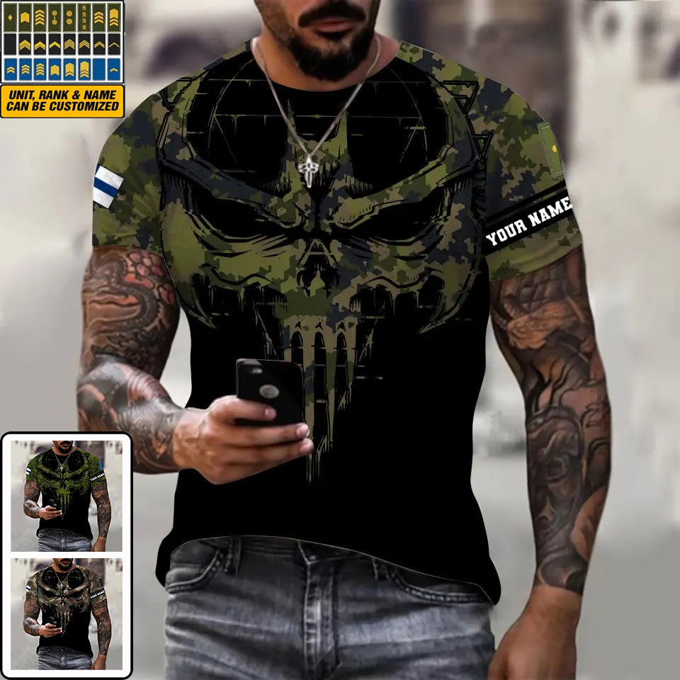 Personalisiertes T-Shirt mit finnischem Soldaten-/Veteranen-Tarnmuster und Namen und Rang, 3D-Druck – 2010230001