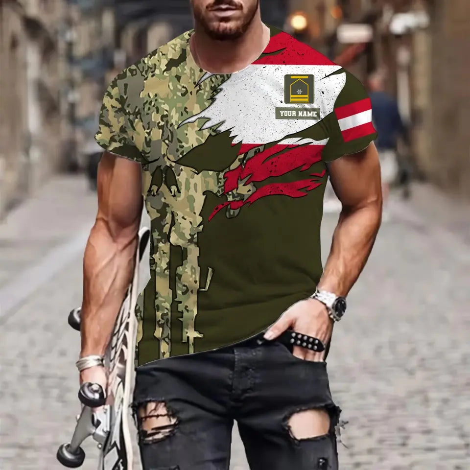 Personalized Austria Soldier/ Veteran Camo With Name And Rank  T-shirt 3D Printed  - 0311230001