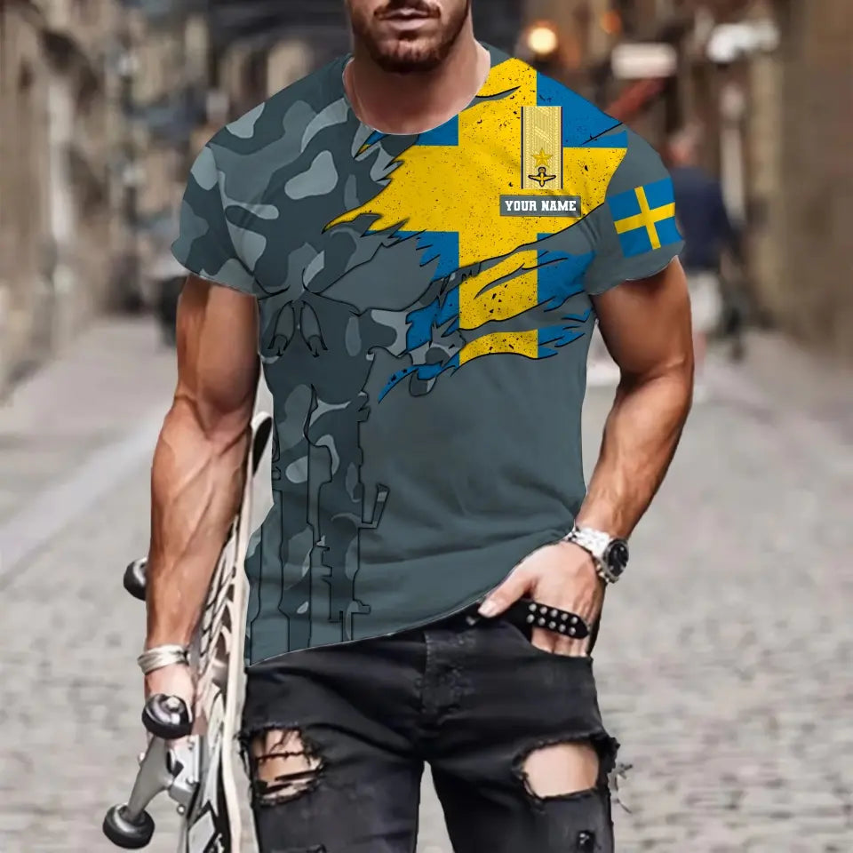 Personalisiertes T-Shirt mit schwedischem Soldaten-/Veteranen-Tarnmuster mit Namen und Rang, 3D-Druck – 0311230001