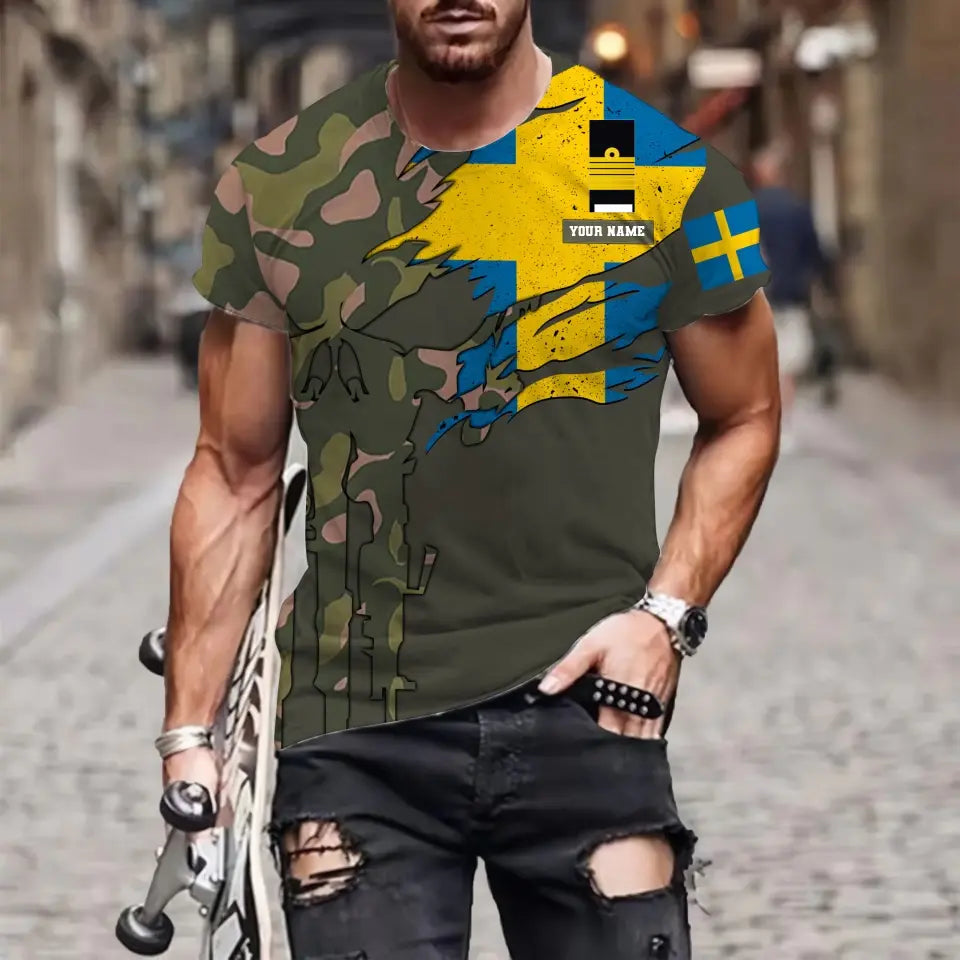 T-shirt personnalisé avec camouflage soldat/vétéran suédois avec nom et grade imprimé en 3D - 0311230001