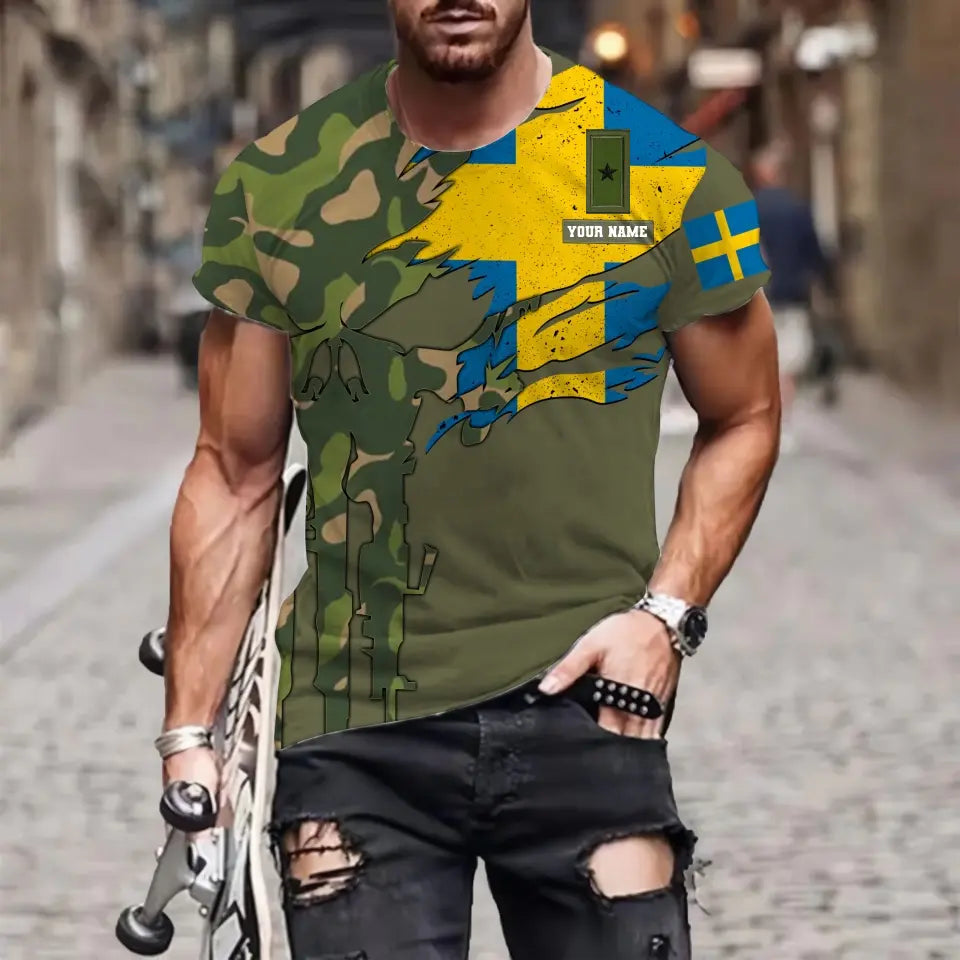 Personalisiertes T-Shirt mit schwedischem Soldaten-/Veteranen-Tarnmuster mit Namen und Rang, 3D-Druck – 0311230001