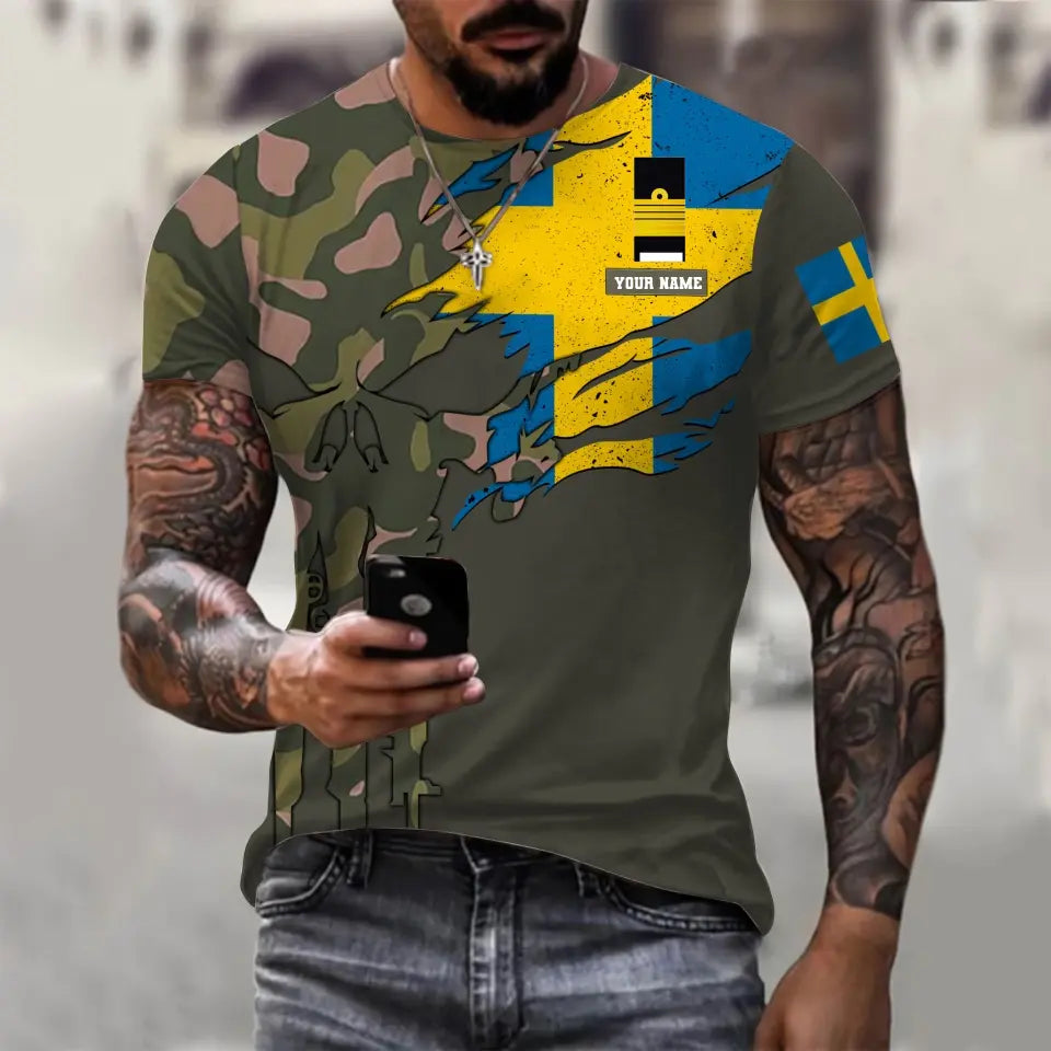 T-shirt personnalisé avec camouflage soldat/vétéran suédois avec nom et grade imprimé en 3D - 0311230001