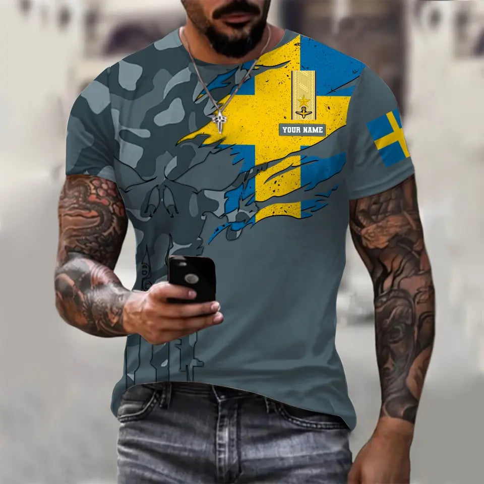 T-shirt personnalisé avec camouflage soldat/vétéran suédois avec nom et grade imprimé en 3D - 0311230001