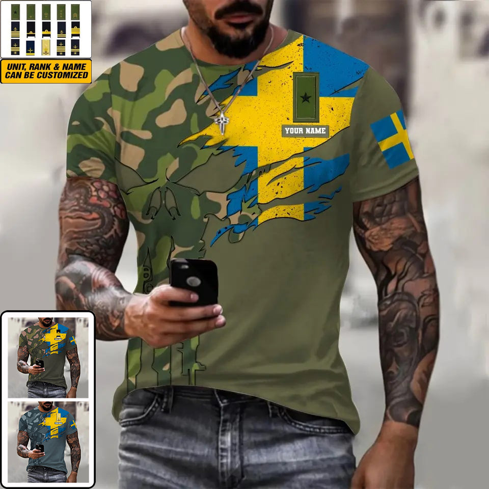 Personalisiertes T-Shirt mit schwedischem Soldaten-/Veteranen-Tarnmuster mit Namen und Rang, 3D-Druck – 0311230001